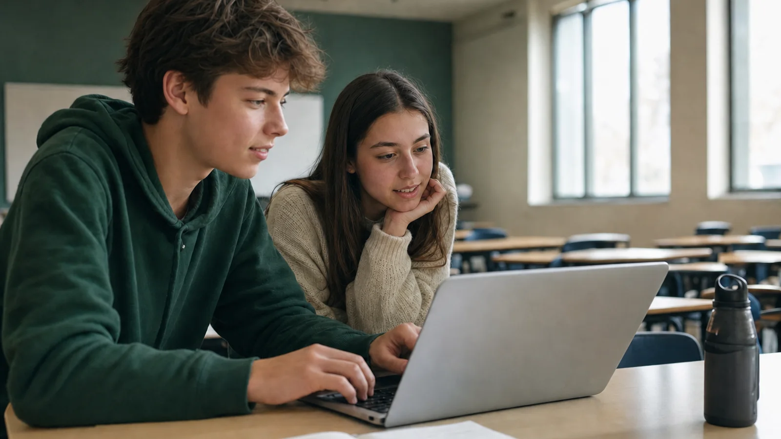 Two teenagers building together on one laptop in a classroom